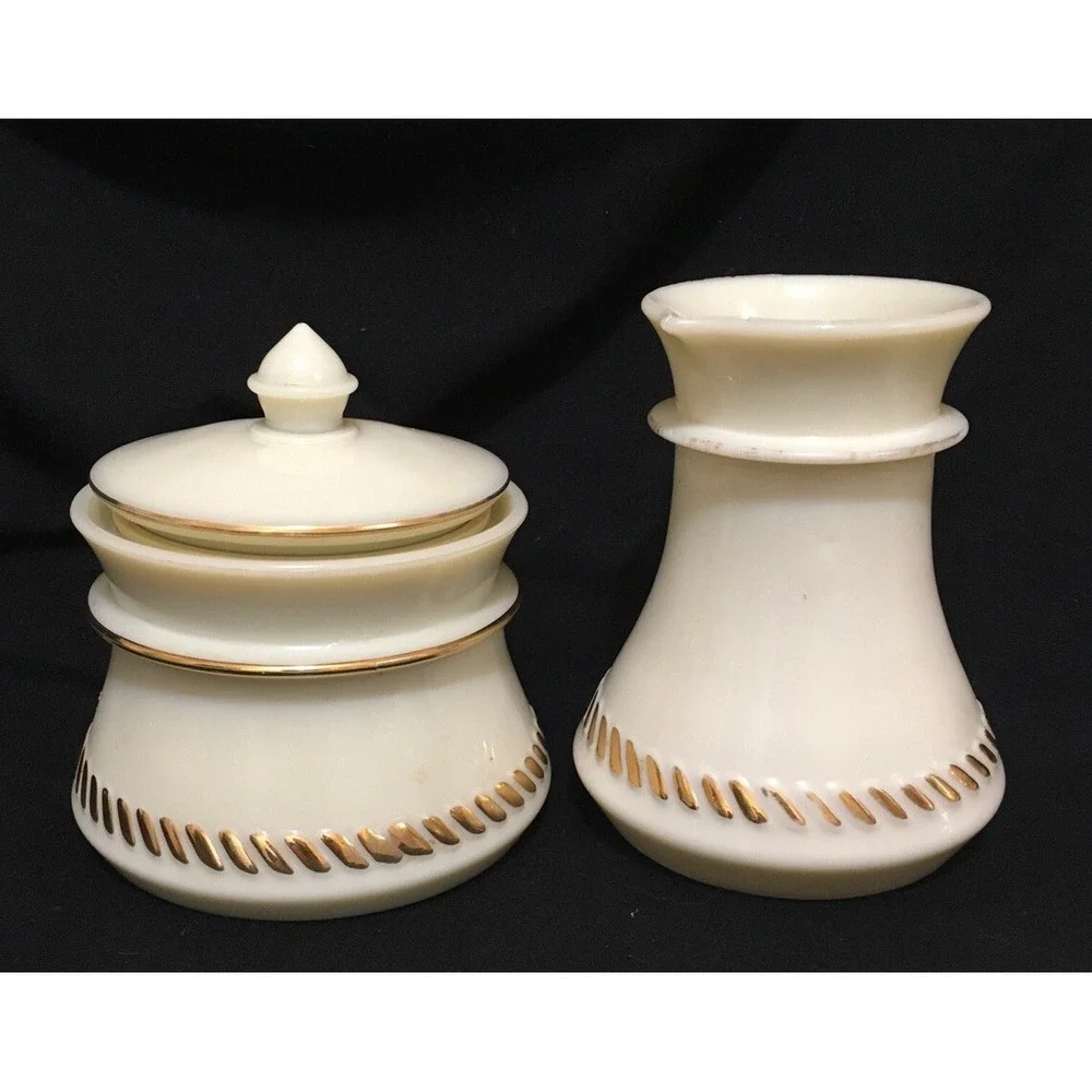 VTG Custard Glass 24k Gold Accents Sugar Bowl Lid & Cream Pitcher Wheaton Ware